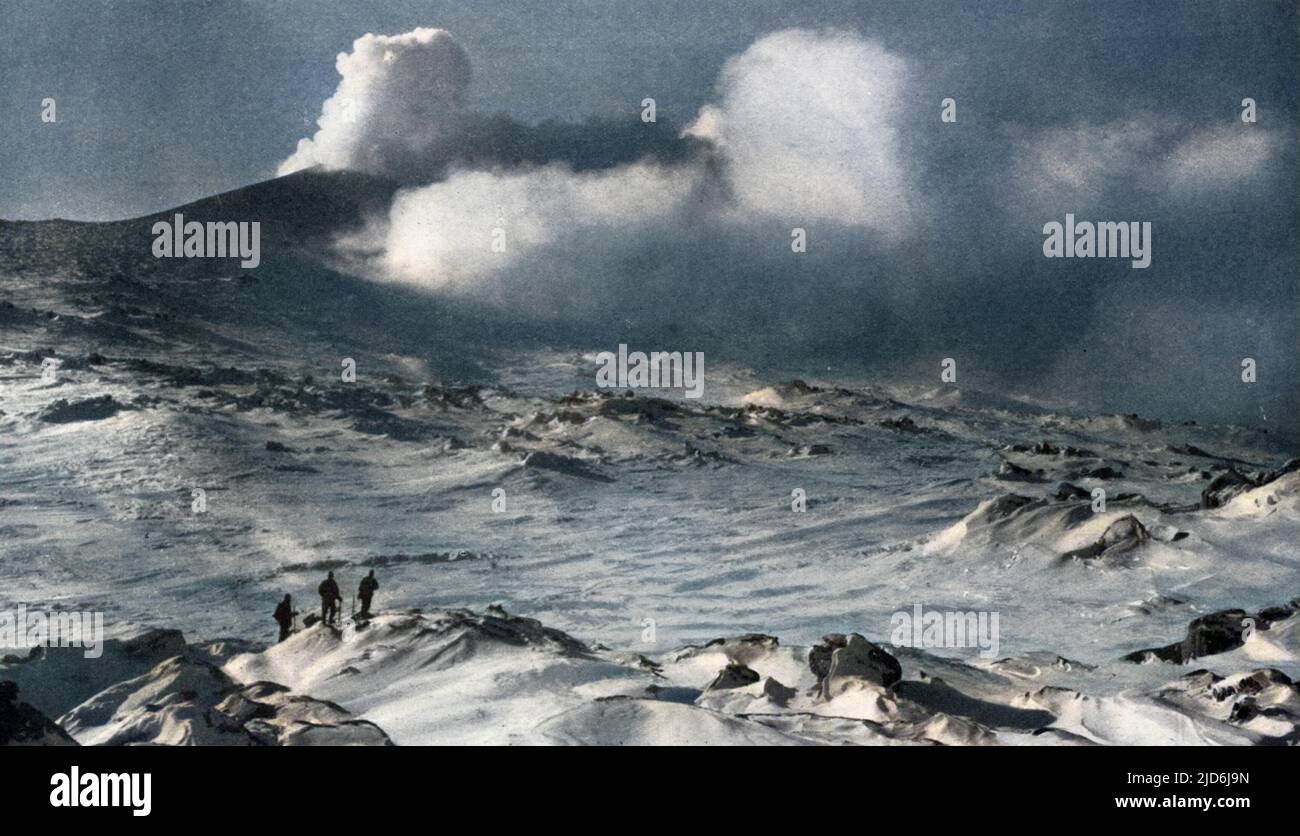 The slopes of Mount Erebus, the active volcano on Ross Island in the Antarctic, shrouded in smoke and cloud, seen during the ill-fated Scott polar expedition to the South Pole, 1910 - 1912.  Photographed by Lieutenant T. Gran who was caught in a steam cloud on the summit. Colourised version of: 10528893       Date: 1913 Stock Photo