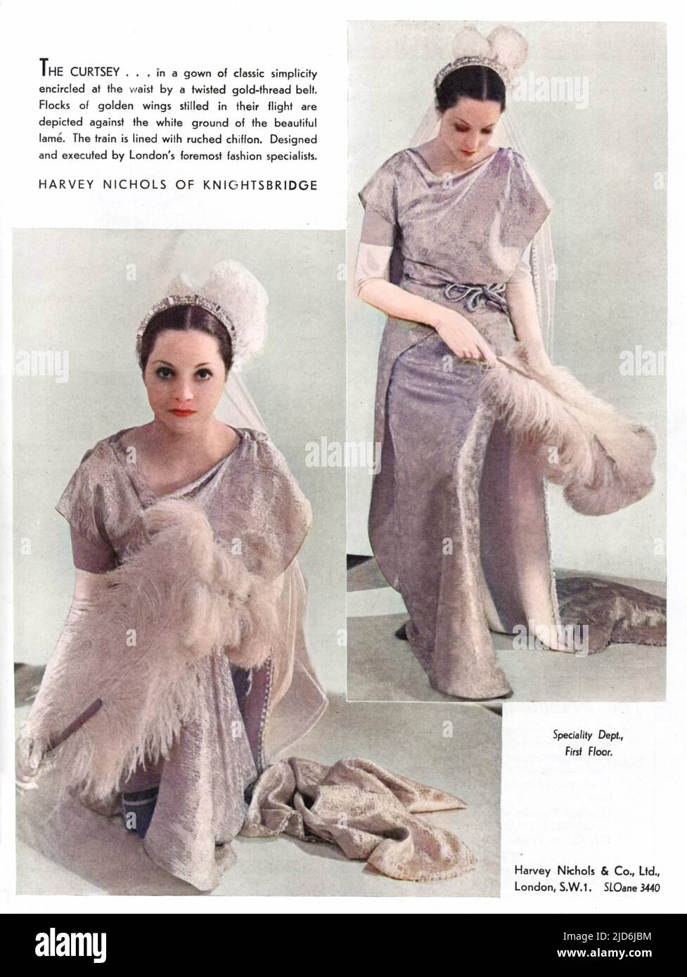 Advertisement for the department store, Harvey Nichols in Knightsbridge, London, advertising a 'gown of classic simplicity' to wear to a court presentation, 'encircles at the waist by a twisted gold-thread belt with a train of ruched chiffon'.  To demonstrate its suitability, the model wearing it is pictured mid-curtsey Colourised version of: 10555447       Date: 1935 Stock Photo