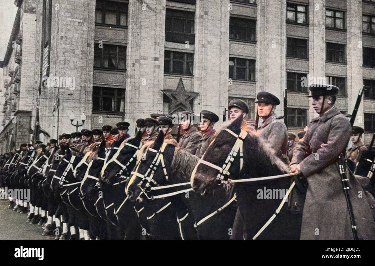 Following the Cossack tradition of the days of Czarist Russia, the USSR army in 1939 still maintained a strong cavalry arm.  This regiment, lined up in Red Square, Moscow is smartly turned out. Colourised version of: 10582991       Date: 1939 Stock Photo