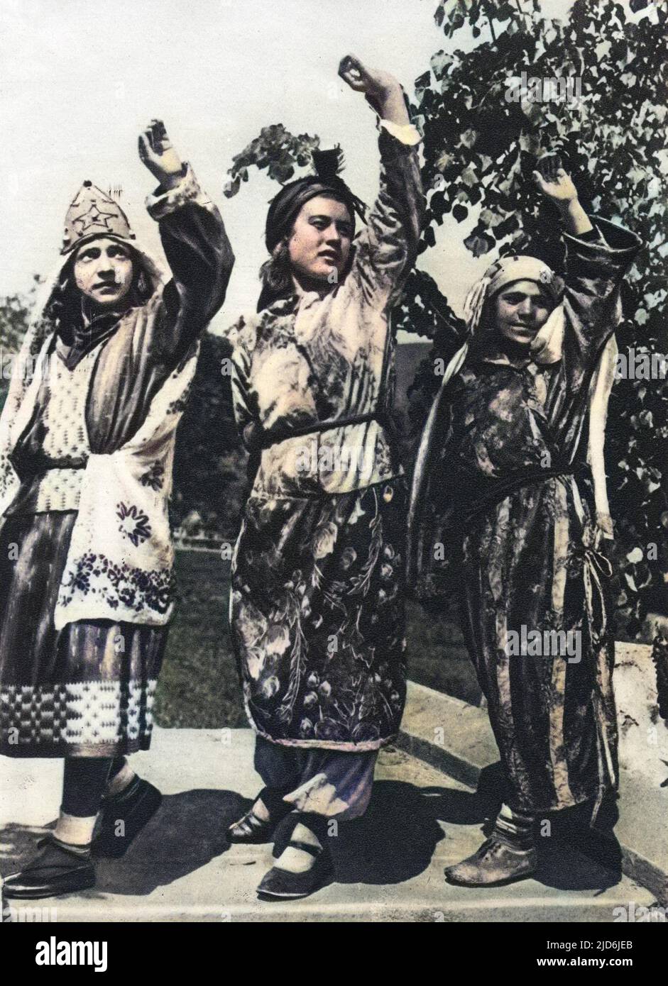 Soviet Armenia - Kurdish Girls - Traditional Dance Colourised version of: 10645496       Date: circa 1930s Stock Photo