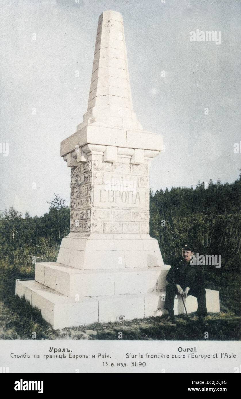 Border marker between Europe and Asis in the Urals. Colourised version of: 10638443       Date: 1908 Stock Photo