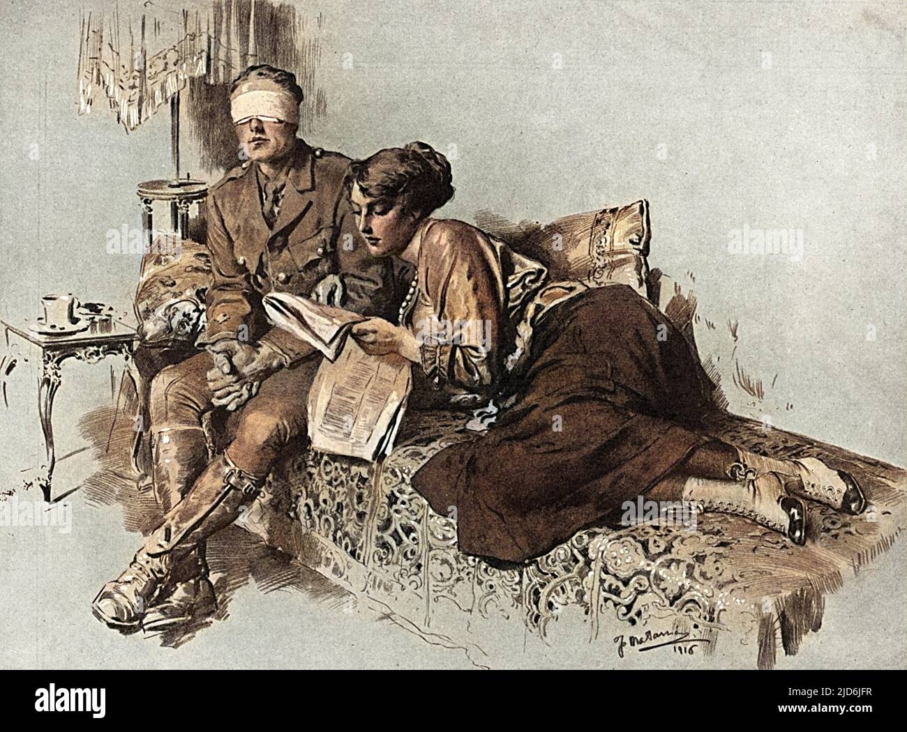 A blind soldier sits and listens as a female companion reads from a newspaper or magazine, keeping him updated with news.  This drawing was donated by the artist, Fortunino Matania, to a Sale held at the Albert Hall in May 1917 to raise money for St Dunstans, a hostel in Regents Park, London to care for blinded servicemen Colourised version of: 10823560       Date: May-17 Stock Photo