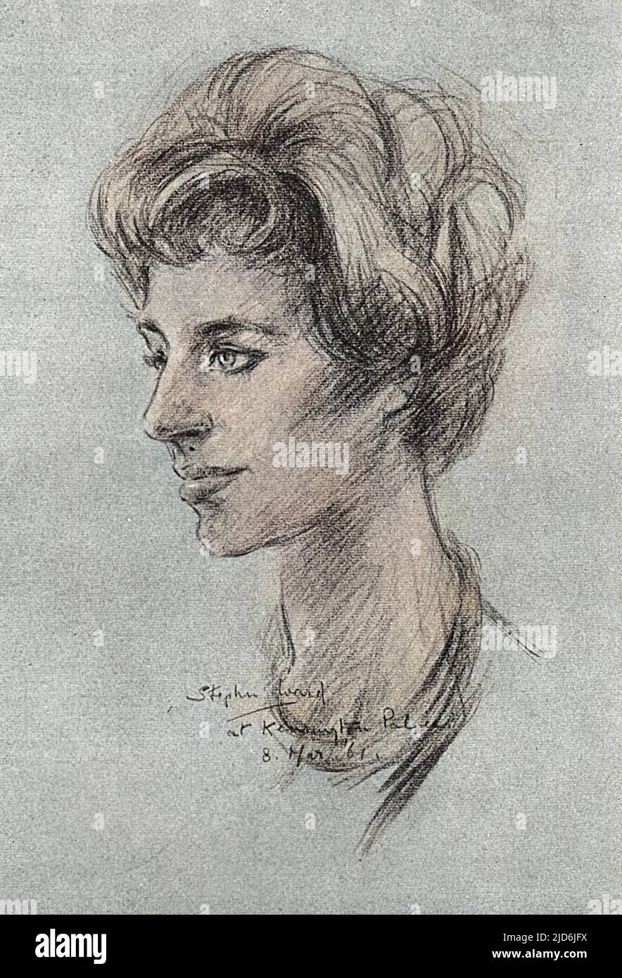Princess Margaret(1930-2002), as drawn from life by Stephen Ward, at a sitting specially granted to the Illustrated London News in 1961. Ward sketched several high profile figures for the Illustrated London News in 1961, but two years later he would become notorious through his involvement in the Profumo Affair. Colourised version of: 10726295       Date: 1961 Stock Photo