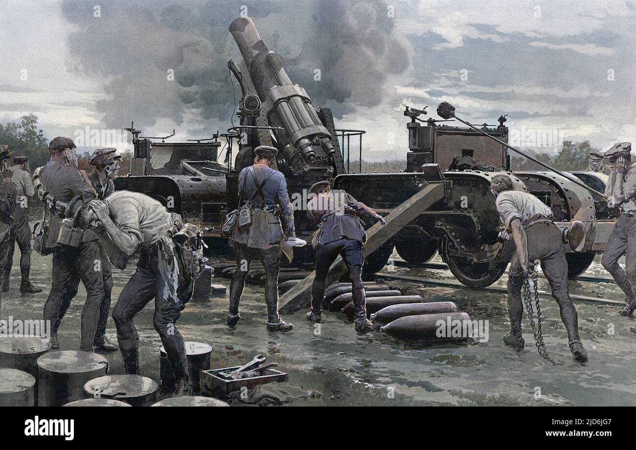 A British heavy howitzer in action on the Western Front against an opposing German position.  The shot has just been fired and Matania's drawing (done from official material supplied) shows the men standing clear of the heavy steel truck on which the gun is mounted. Colourised version of: 10934284       Date: 1916 Stock Photo