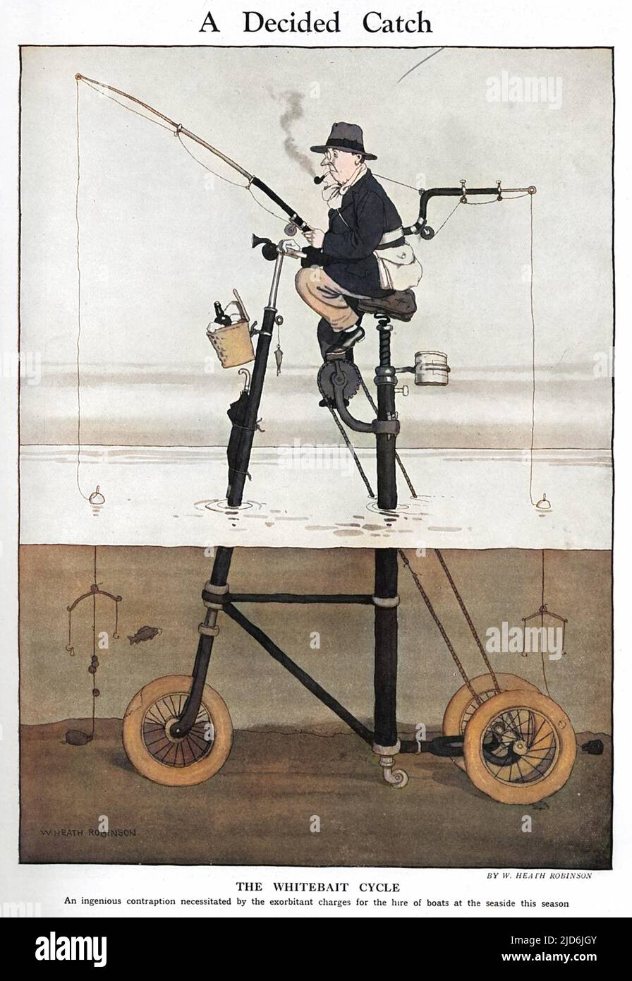 The Whitebait cycle, an ingenious contraption necessitated by the exorbitant charges for hire of boats at the seaside this season.  Another brilliant invention from the gadget king, William Heath Robinson, known for his convoluted and crazy contraptions. Colourised version of: 10583185       Date: 1927 Stock Photo