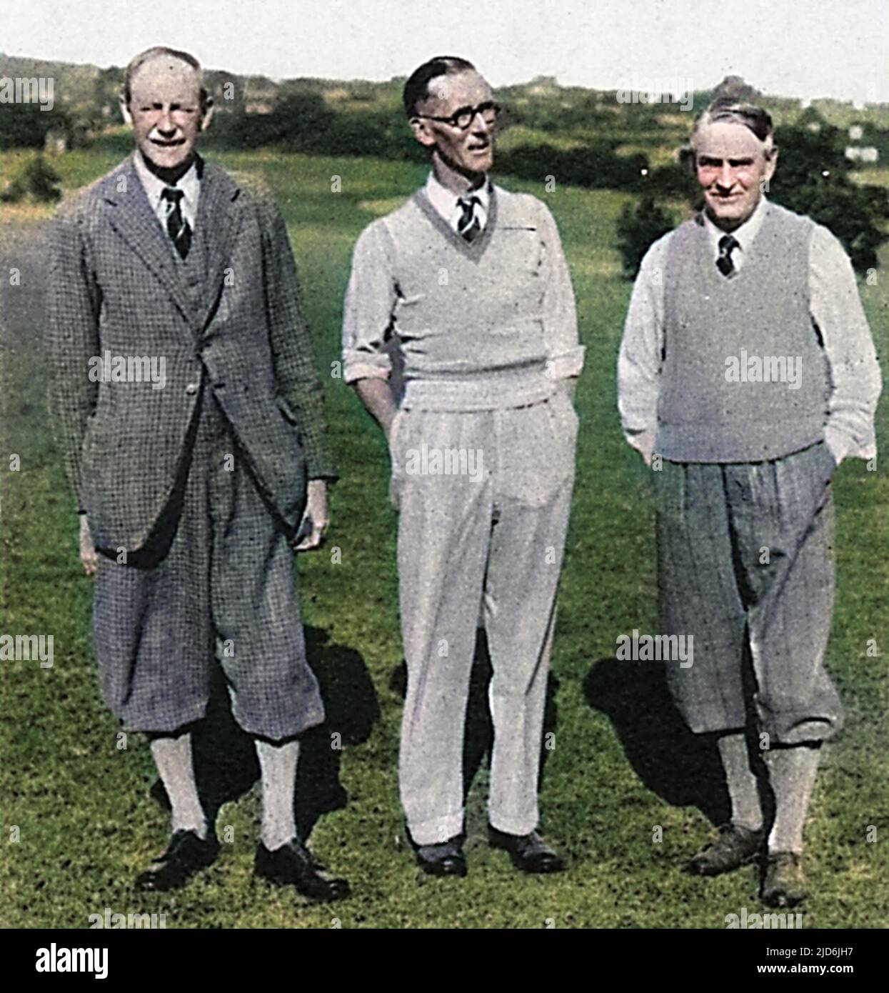 Three members of the Woodcote Park Golf Club, Coulsdon, Surrey. From left to right, E.A.R. Burden (secretary and ex-captain), Graham Carr (captain) and Richard Gibson (ex-captain) Colourised version of: 10645897       Date: 1935 Stock Photo