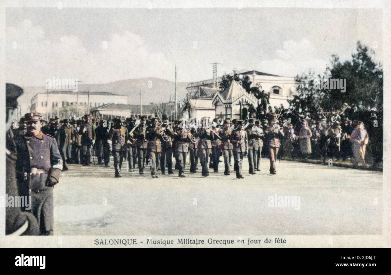 Thessaloniki - March past by Greek Military Band on a Festival Day. Colourised version of: 10638382       Date: circa 1920s Stock Photo