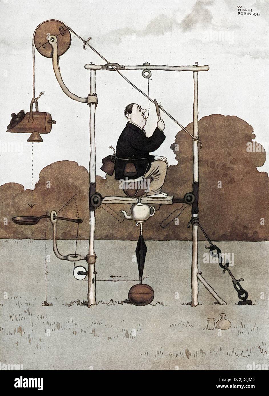 Another well-thought-out experiment in dentistry from Heath Robinson, the Gadget King and mastermind behind endless convoluted contraptions and silly ideas. Colourised version of: 10587554       Date: 1927 Stock Photo