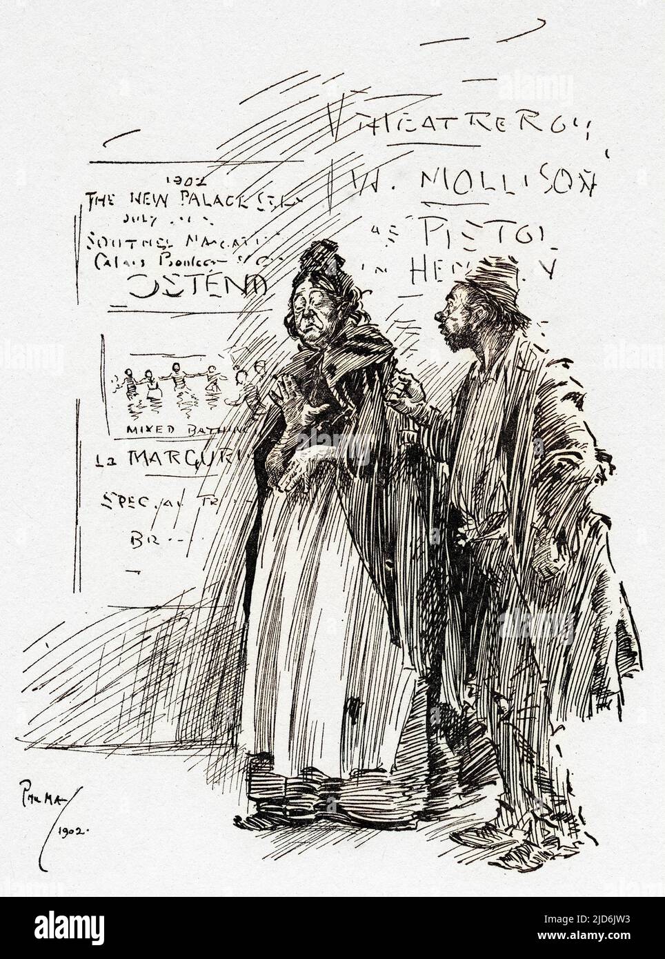 In the Bars and Streets. Cartoon drawing by Phil May depicting a vagrant couple giving their opinion on bathing. Dirty Girty: 'I don't believe in this 'ere Mixed Bathin'.' Weary Willie: 'So Don't I.' !! Colourised version of: 10803831       Date: 1902 Stock Photo