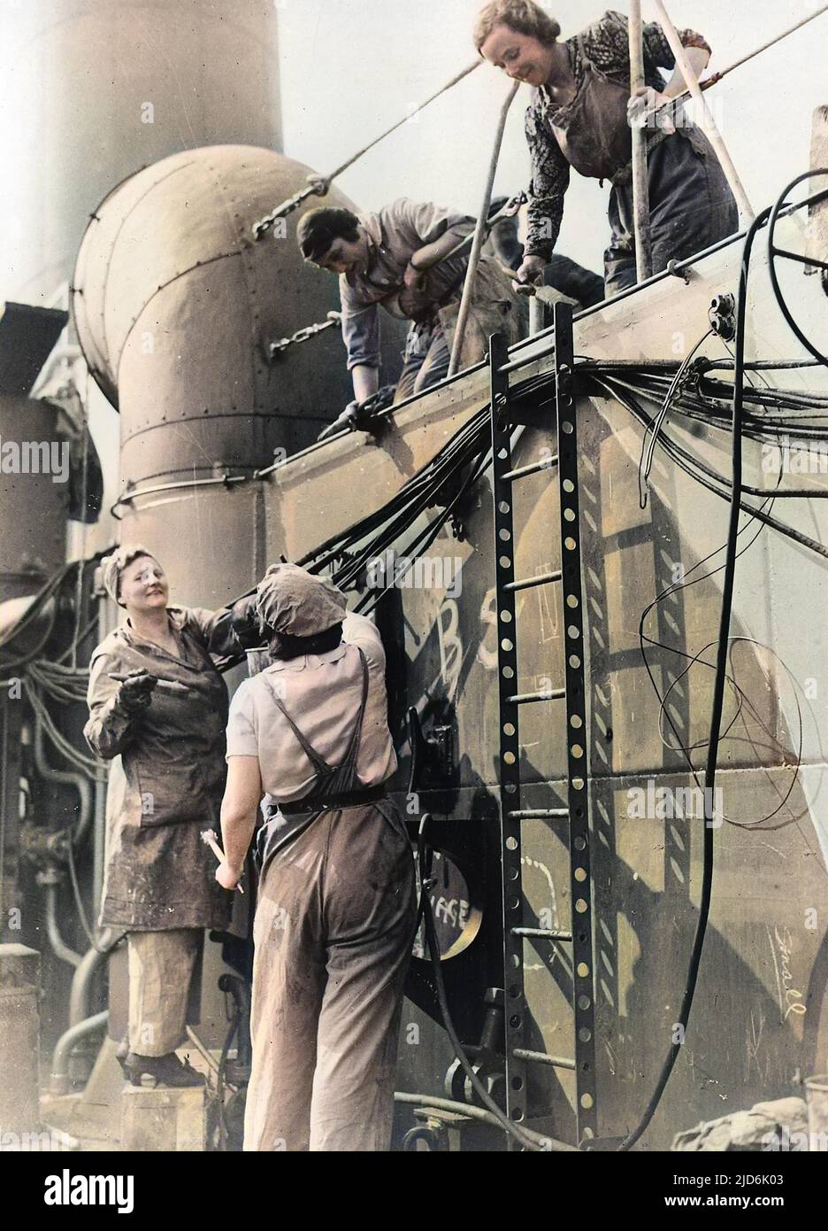 The original image caption states: 'The Women's place in the British scheme of things. The place of wmen in wartime England is no longer the home. Each day women begin to take over more and more of the tasks formerly done by the men who are now taking part in Britain's war effort. From painting ships (pictured) to keeping the hedges of Old England neat is all in a days work as the ladies of England 'see it through'. These women whose husbands are serving with the forces, tackle their job of painting a ship in a British port with plenty of vim and vigour, and they do a REAL JOB of painting!' Co Stock Photo