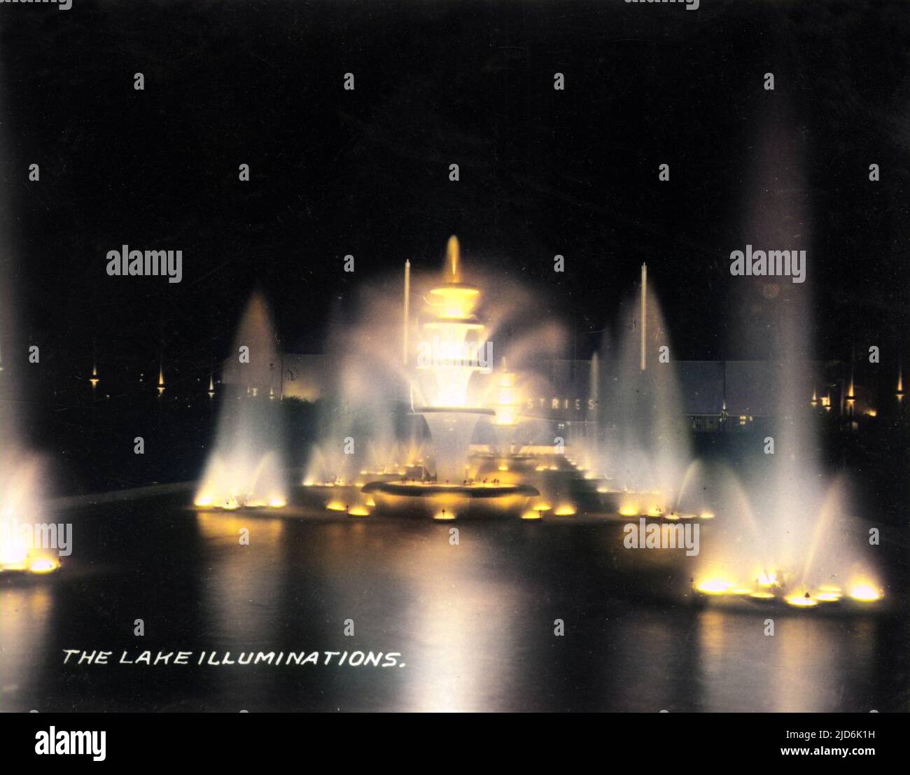 The Lake Illuminations - British Empire Exhibition - Glasgow, Scotland, (May - December 1938). The Exhibition was masterplanned by Thomas S. Tait, who headed of a team of nine architects, which included Basil Spence and Jack Coia. Colourised version of: 11007154       Date: 1938 Stock Photo
