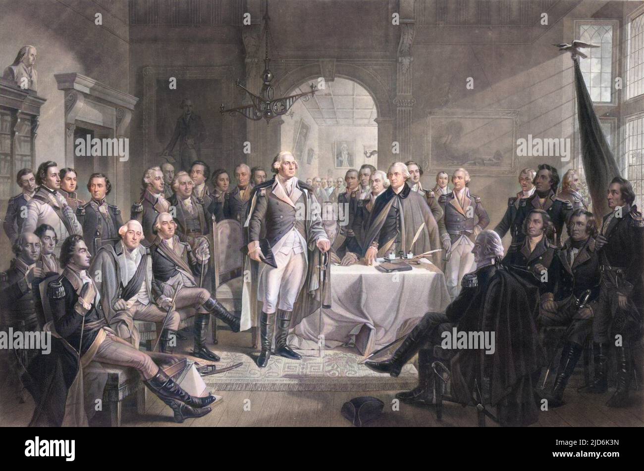Washington and his generals. Print showing General George Washington and other Revolutionary War generals meeting in a large room. LC-USZ62-3977 is a key to identifying the men in the print. Date ca. 1870. Colourised version of: 10602294 Stock Photo