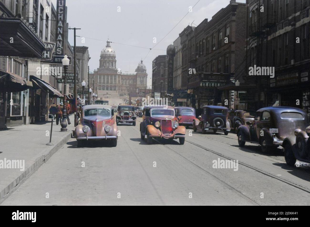Des Moines, Iowa. State capitol in background. Date 1940 May. Colourised version of: 10590268 Stock Photo