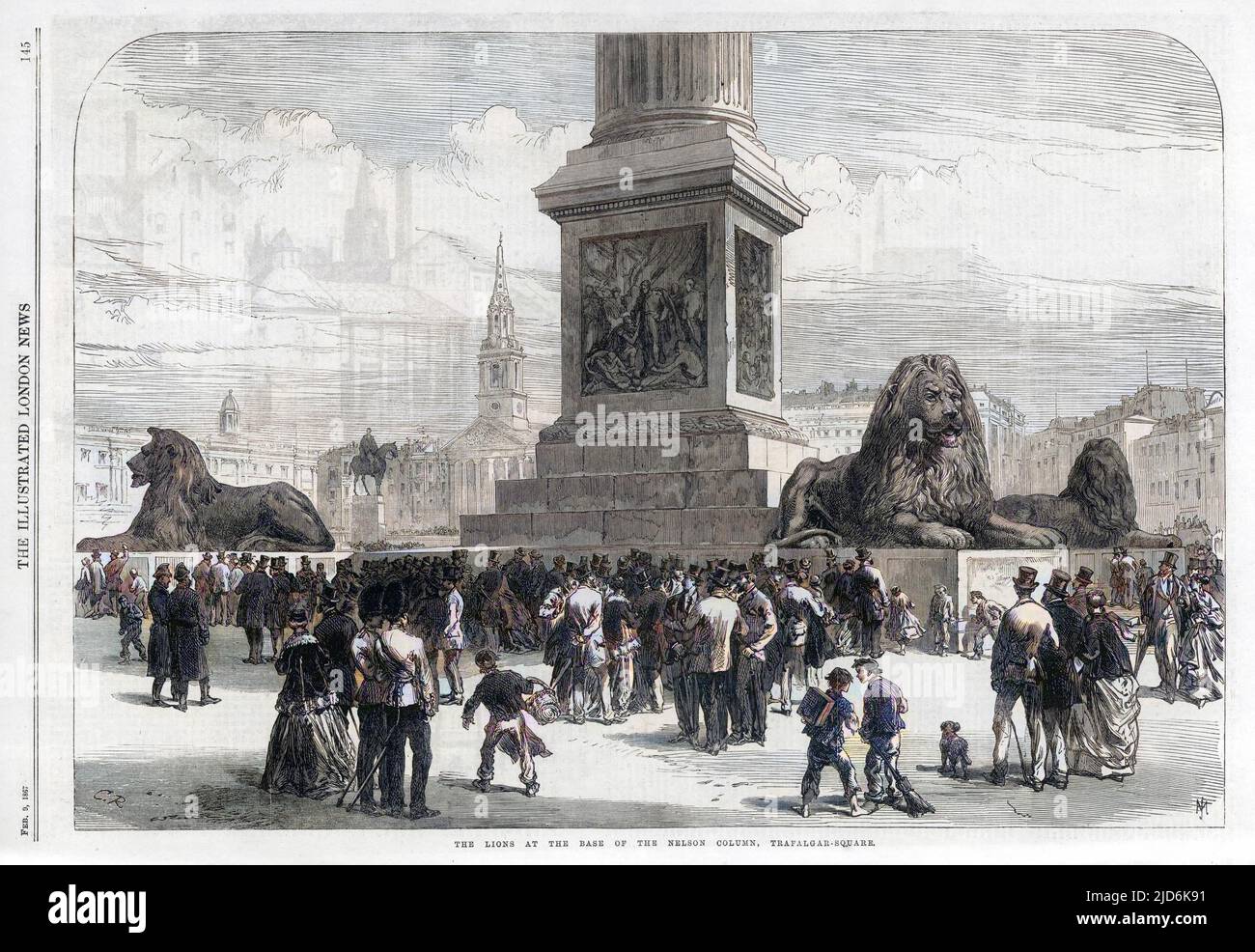Nelson's lions in Trafalgar Square, London Colourised version of: 10001595       Date: 1867 Stock Photo