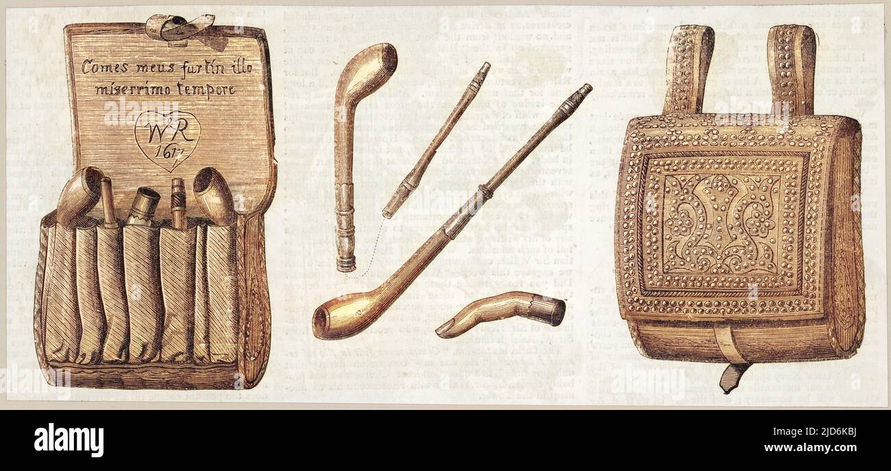 Walter Raleigh pipes, his pipes and tobacco pouch Colourised version of:  10002052 Date: 1617 Stock Photo