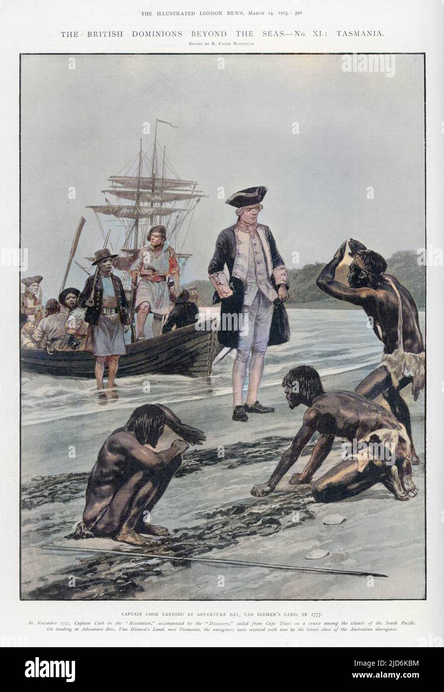 He lands at Adventure Bay, Van Diemen's Land (Tasmania). Colourised version of: 10013821       Date: November 1777 Stock Photo
