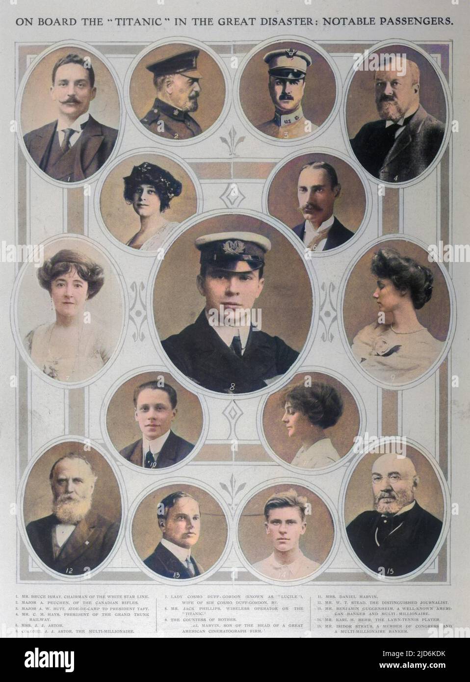 Notable passengers aboard the Titanic, including Bruce Ismay, Colonel & Mrs J. Astor, Lady Cosmo Duff-Brown, and W.T. Stead. Colourised version of: 10027219       Date: 1912 Stock Photo