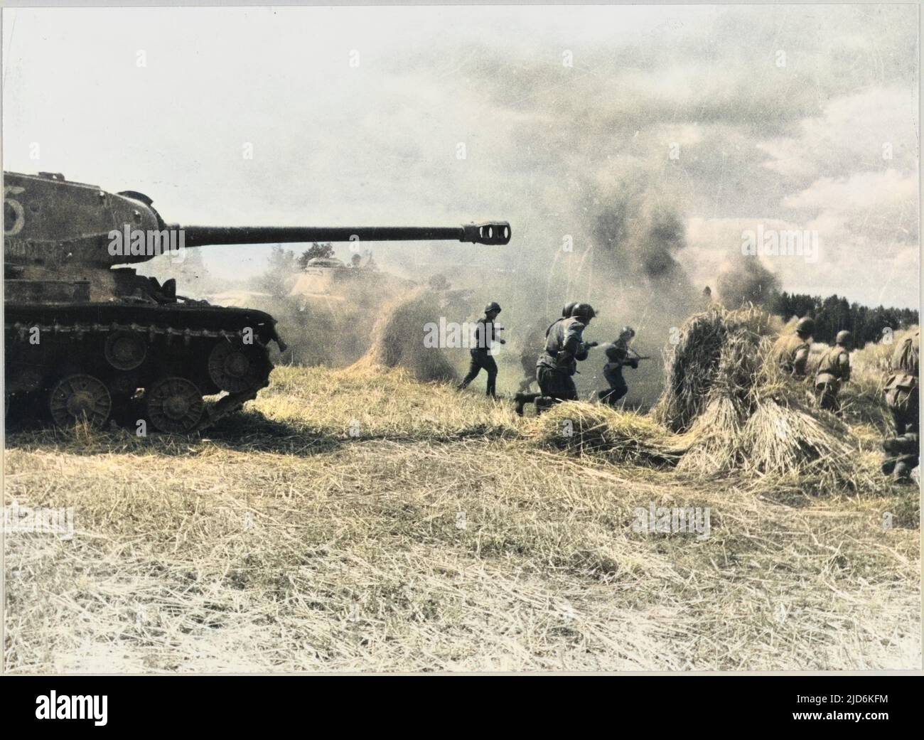 This model of tank was introduced in spring 1944. The conflict depictedis likely to have been taken in Belarus or Poland in late autumn 1944. Colourised version of: 10017988       Date: late autumn 1944 Stock Photo