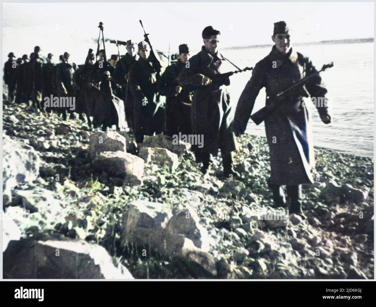 Re-inforcements arrive having crossed the Volga River. Colourised version of: 10059623       Date: 1942-43 Stock Photo