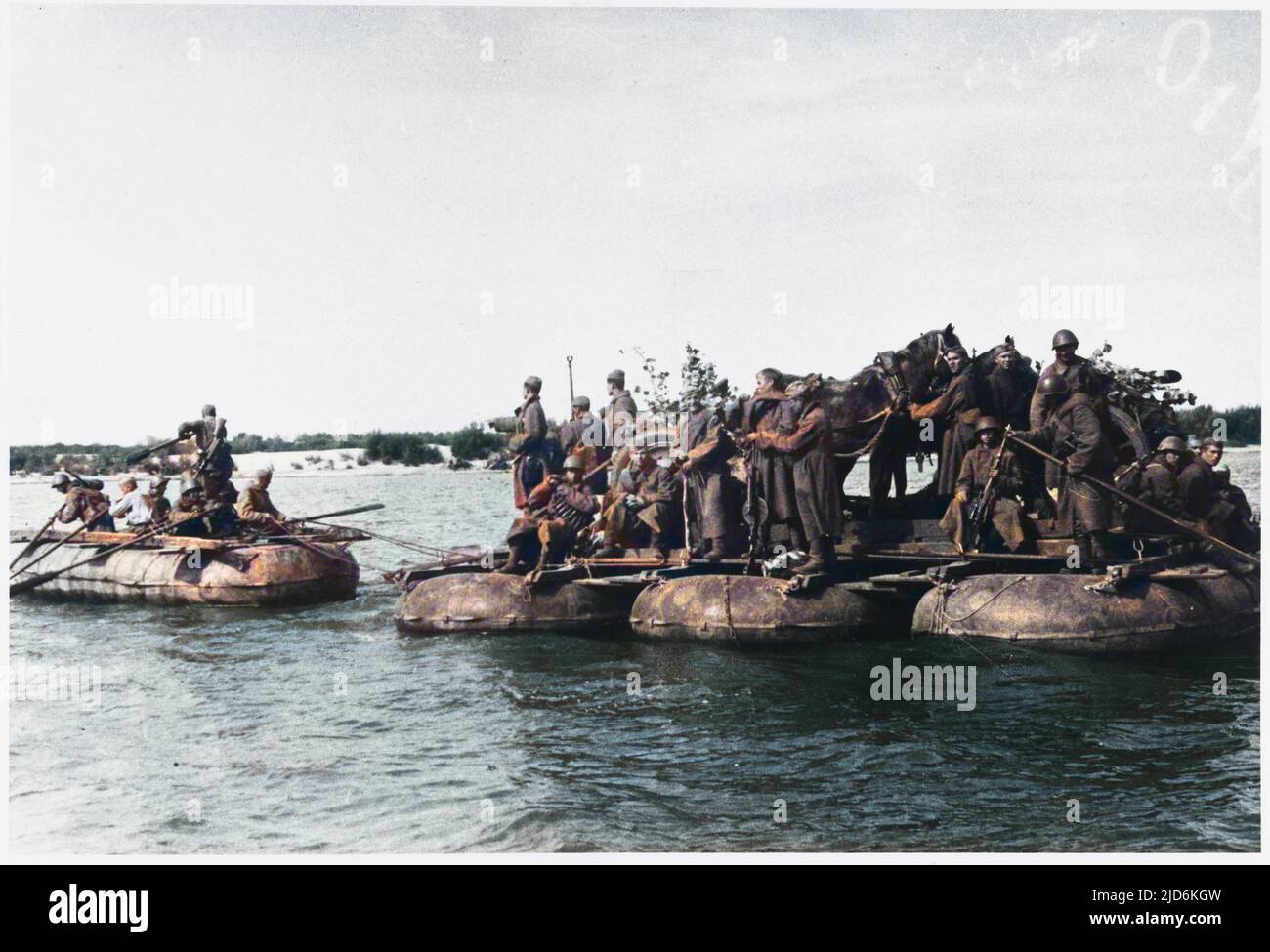 Soviet support troops cross the Volga by raft. Colourised version of: 10059625       Date: 1942-43 Stock Photo