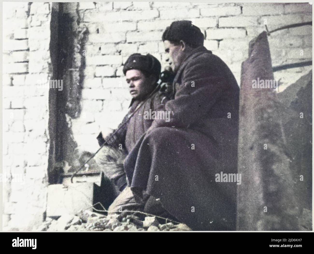A Russian observation post in a ruined building. Colourised version of ...