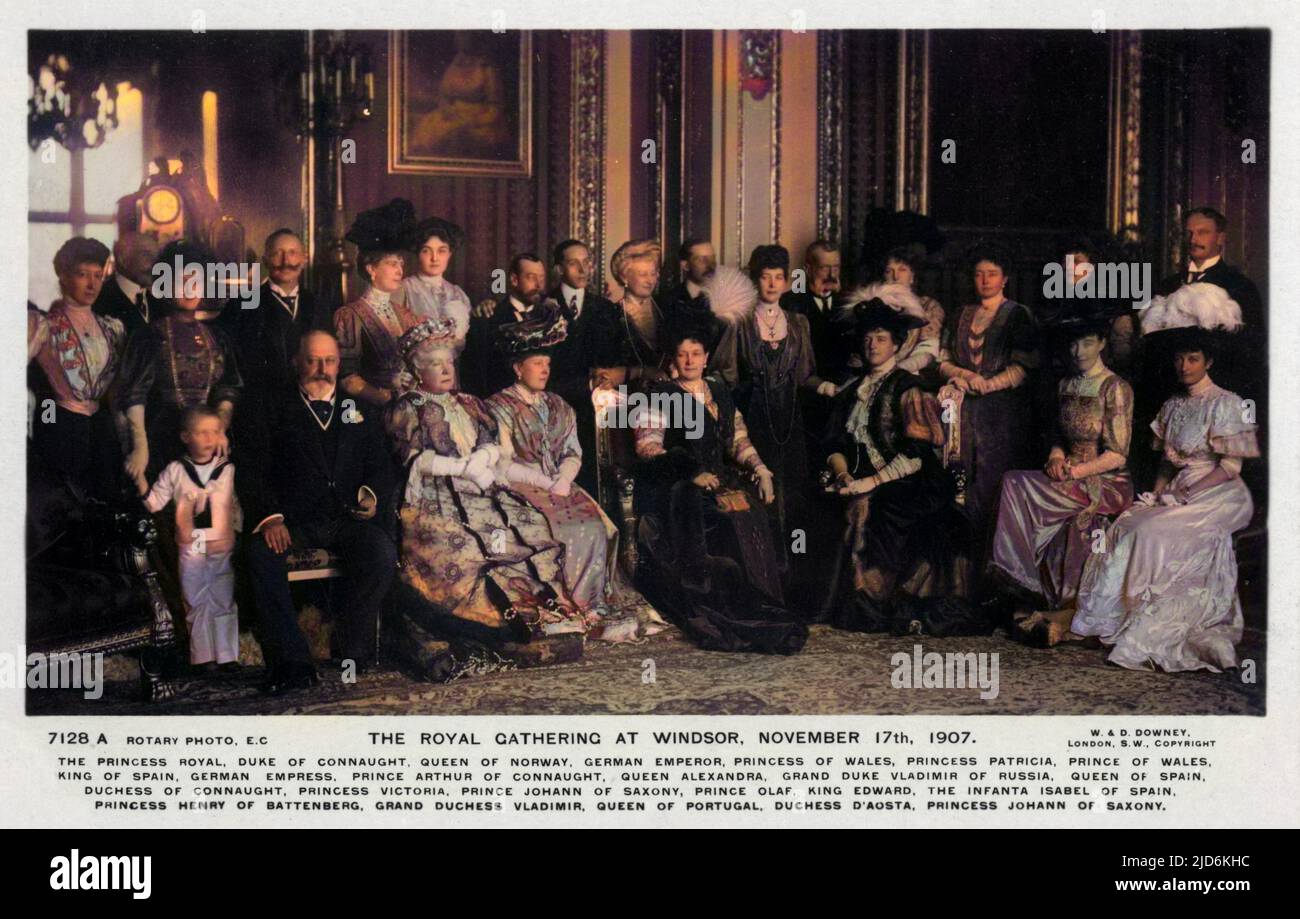 The Royal Gathering at Windsor, November 17th 1907.    The Princess Royal, Duke of Connaught, Queen of Norway, German Emperor, Princess of Wales, Princess Patricia, Prince of Wales, King of Spain, German Empress, Prince Arthur of Connaught, Queen Alexandra, Grand Duke Vladimir of Russia, Queen of Spain, Duchess of Connaught, Princess Victoria, Prince Johann of Saxony, Prince Olaf, King Edward, The Infanta Isabel of Spain, Princess Henry of Battenberg, Grand Duchess Vladimir, Queen of Portugal, Duchess D?Aosta, Princess Johann of Saxony. Colourised version of: 10584885       Date: 1907 Stock Photo