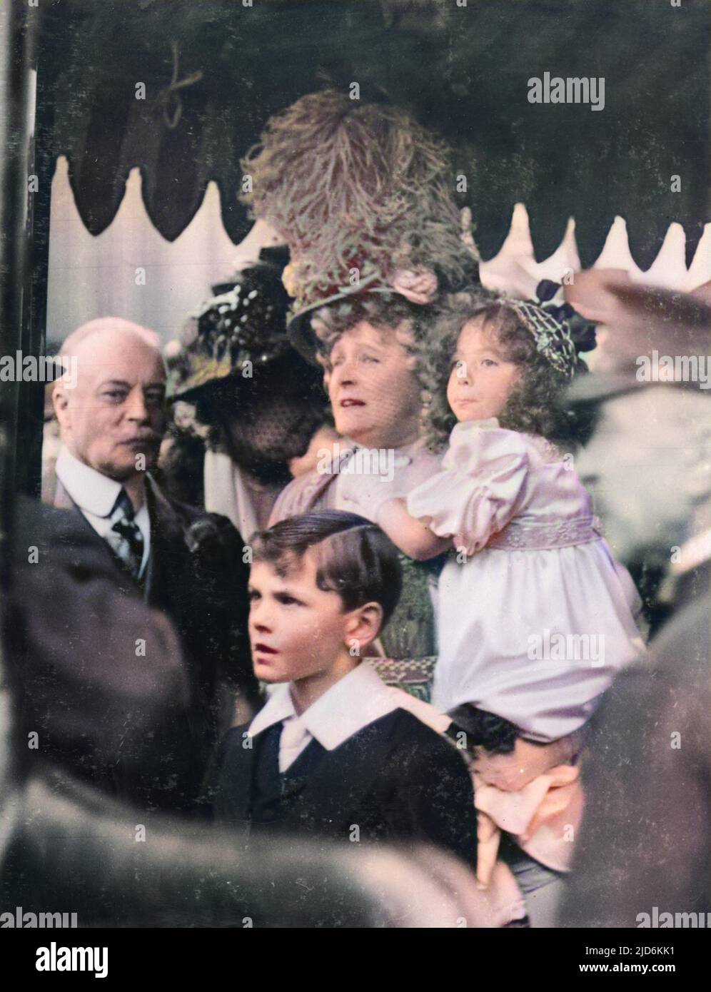 The Countess of Warwick, Frances Evelyn Maynard, Lady Brooke, leaving St Margaret's Church, Westminster, after the marriage of her son Lord Brooke (Leopold Guy Francis Maynard Greville) to Elfrida Marjorie Eden.  The Countess of Warwick was a mistress of King Edward VII. Colourised version of: 10410511       Date: 29-Apr-09 Stock Photo