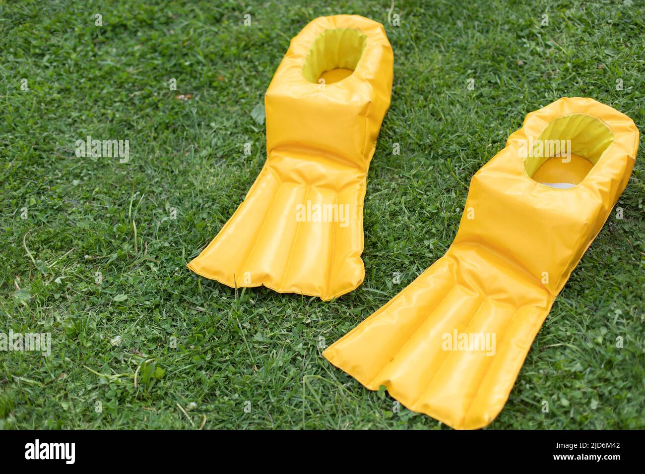 Fun shoes. Duck legs. Flippers for running. Entertainment equipment. Details of holiday. Stock Photo