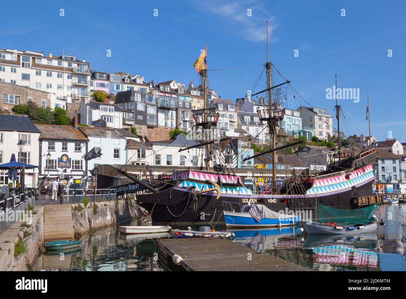 Brixham Harbour, Devon, England, UK – the replica of Sir Francis Drake’s ship The Golden Hind Stock Photo