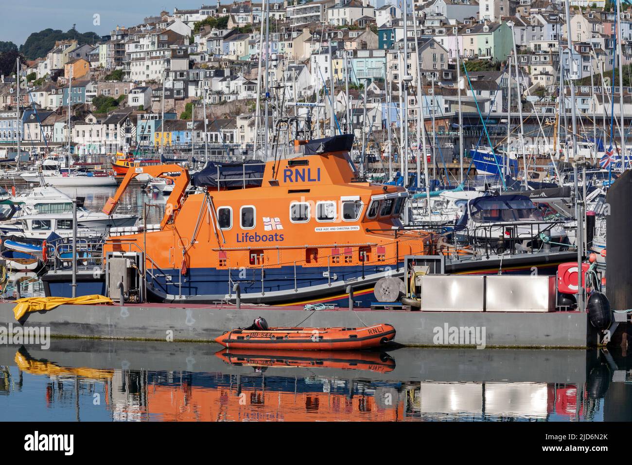 RNLI Lifeboat moored at Brixham Harbour & Marina Stock Photo