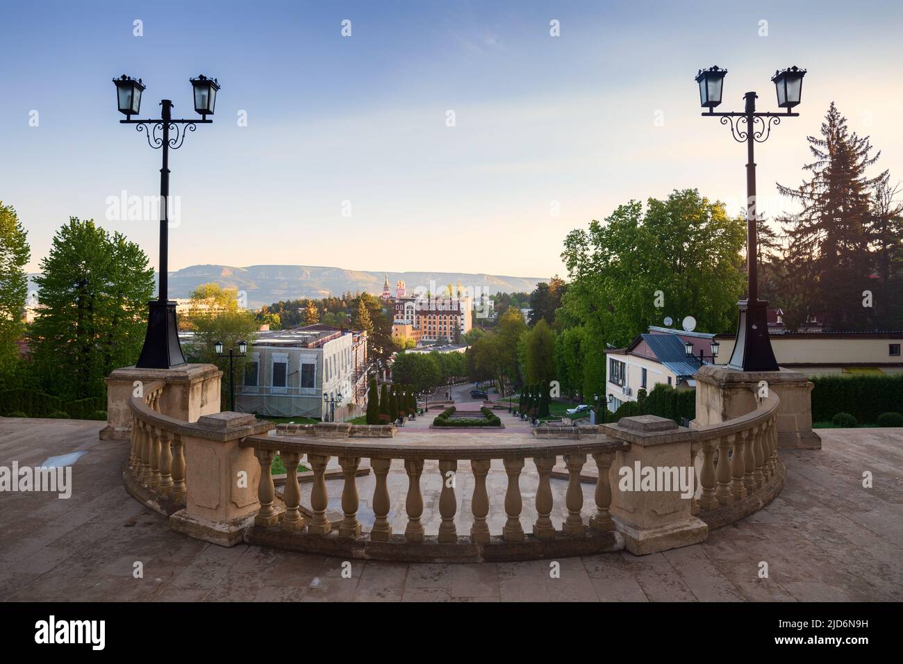 Kislovodsk at sunrise. View of the city from the top of the Cascade Stairs Stock Photo