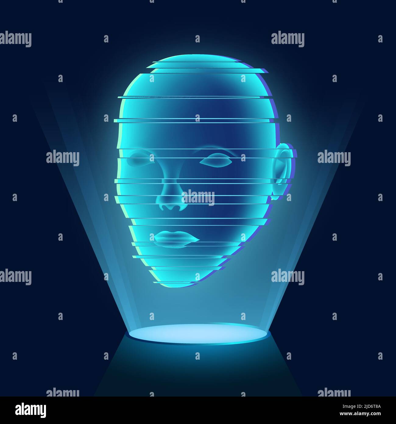 Blue luminous hologram with a human face on a dark background. Glitch effect. Virtual or augmented reality. Artificial digital human head Stock Vector
