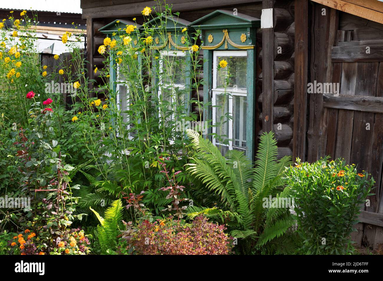 Old brown wooden house with green yellow white carved window frames and flowers in front garden Stock Photo