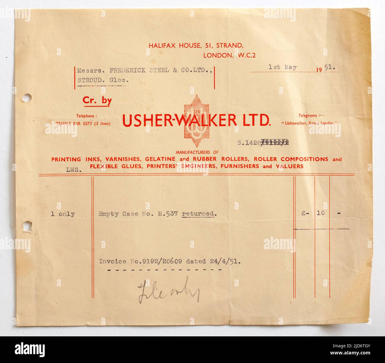 1950s Business Sales Invoice Receipt for Supplies from Usher Walker Ltd Stock Photo