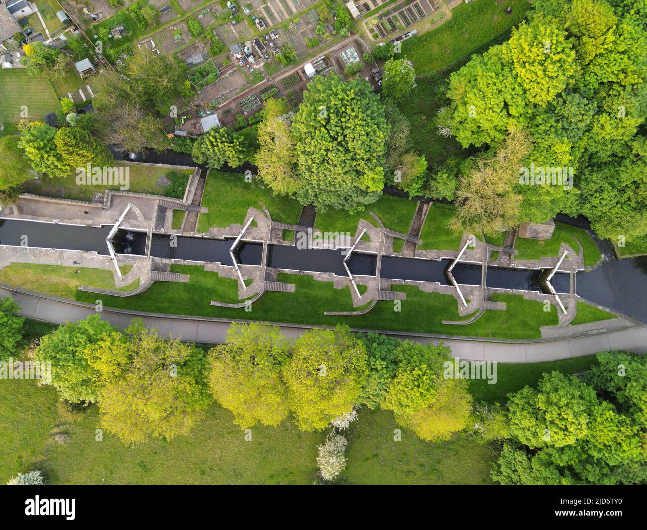 Aerial view of Bingley FiveRise Locks is a staircase lock on the Leeds