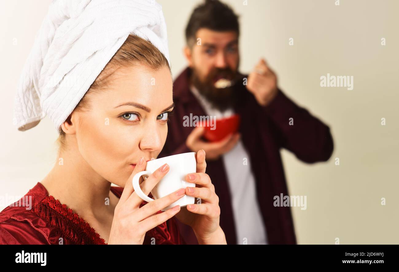 Coffee in morning. Couple having breakfast together. Husband and wife. Love, romantic, lifestyle. Stock Photo