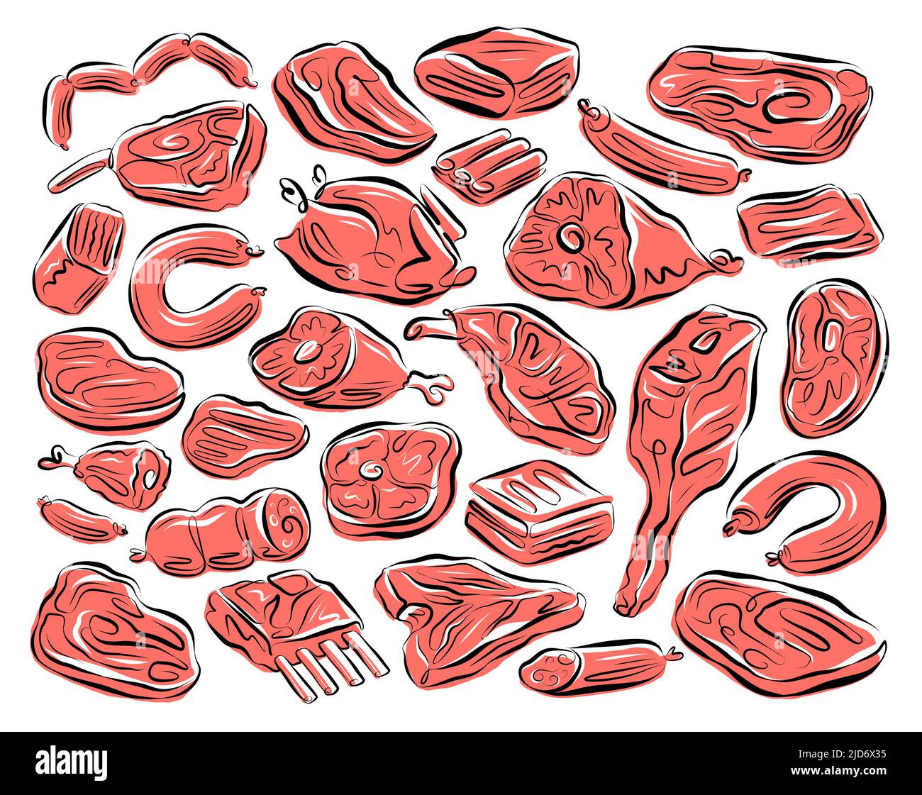 Meat set contour drawing. Farm food, butcher shop concept. Vector