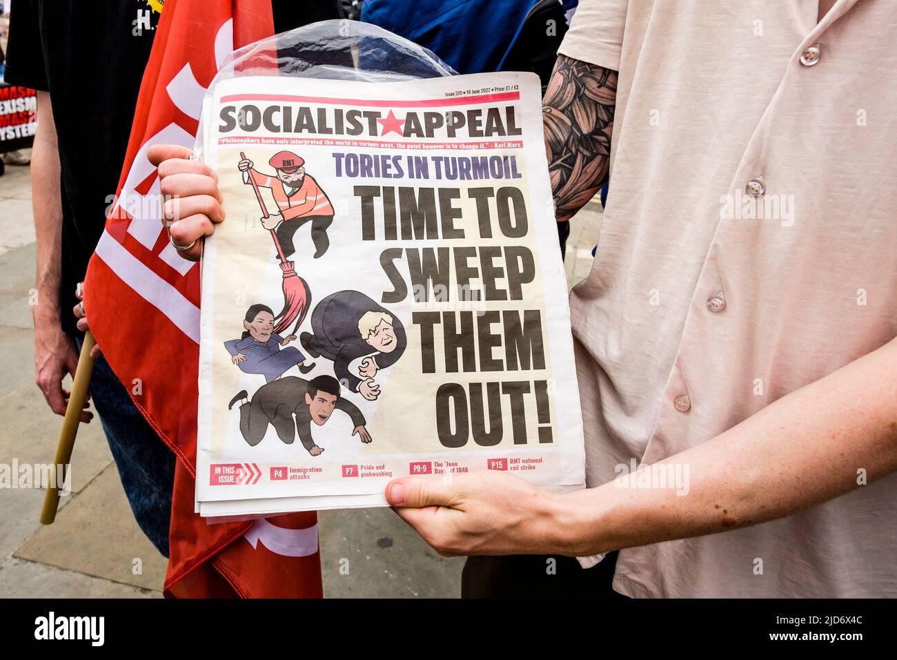 London UK, 18th May 2022. The Socialist Appeal newspaper calls for an end of Boris Johnson's government. Stock Photo