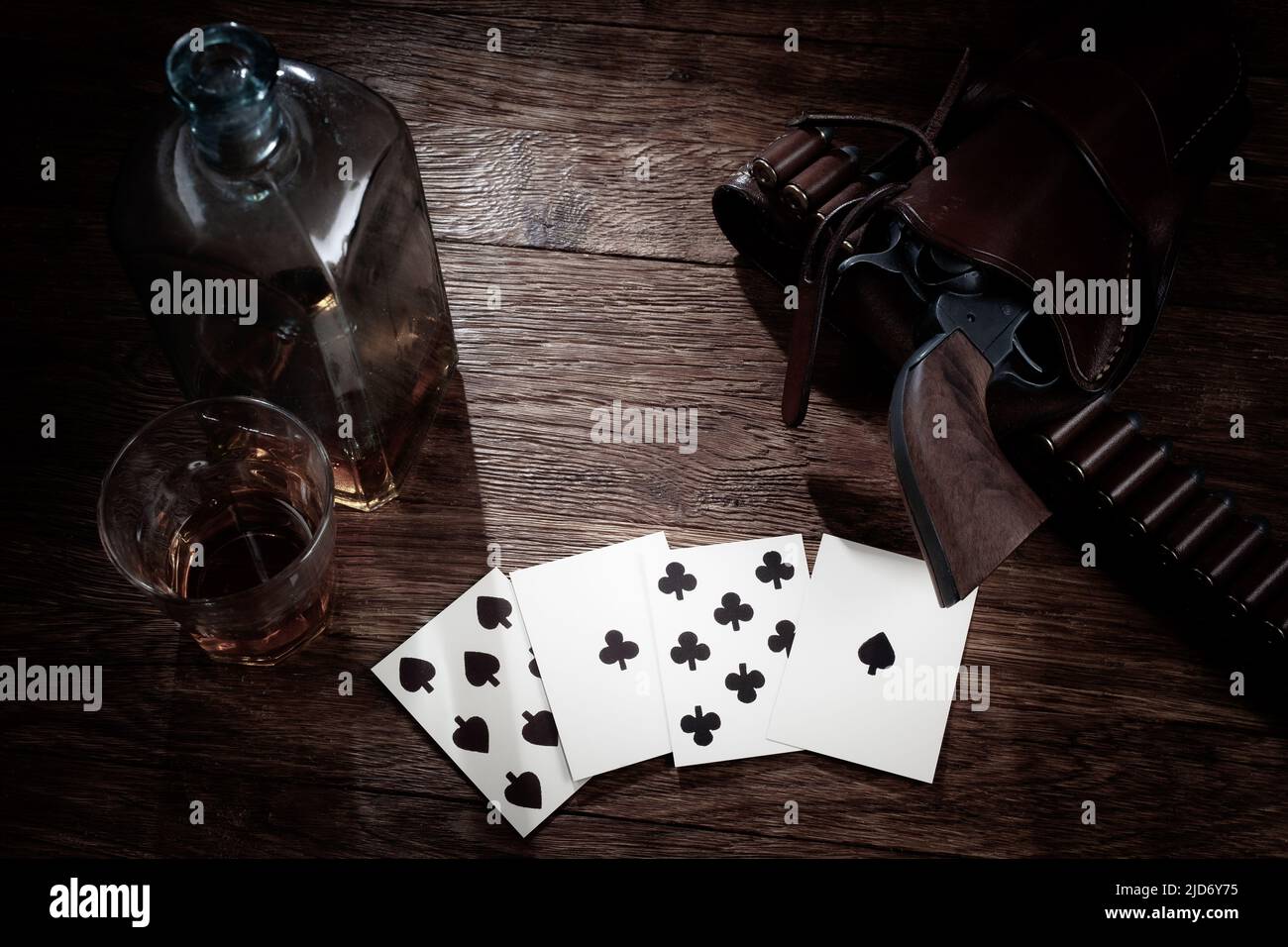 Wild west gambling. Dead man's hand. Two-pair poker hand consisting of the black aces and black eights, held by Old West folk hero, lawman, and gunfig Stock Photo