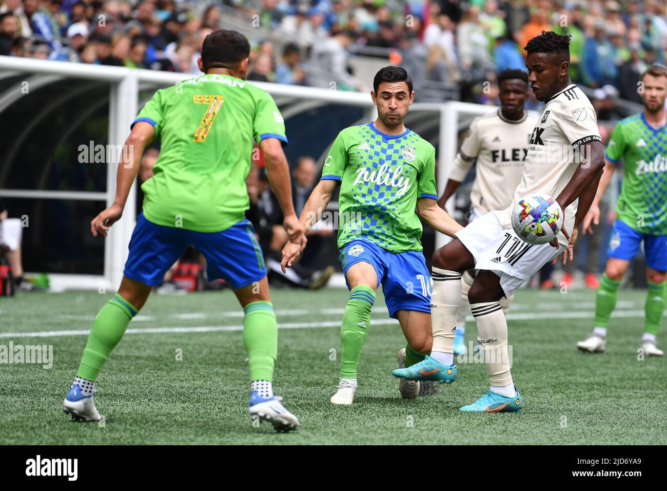 June 18, 2022: Seattle Sounders midfielder Alexander Roldan and LAFC midfielder José Cifuentes during the MLS soccer match between LAFC and Seattle Sounders FC at Lumen Field in Seattle, WA. The teams battle to a 1-1 draw. Steve Faber/CSM Stock Photo