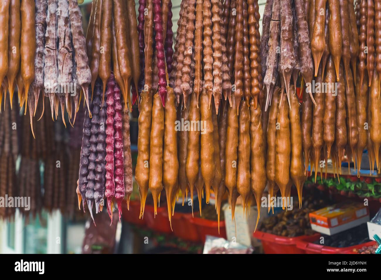 closeup view of Georgian traditional snack Churchkhela in the local market, Tbilisi, Georgia. High quality photo Stock Photo