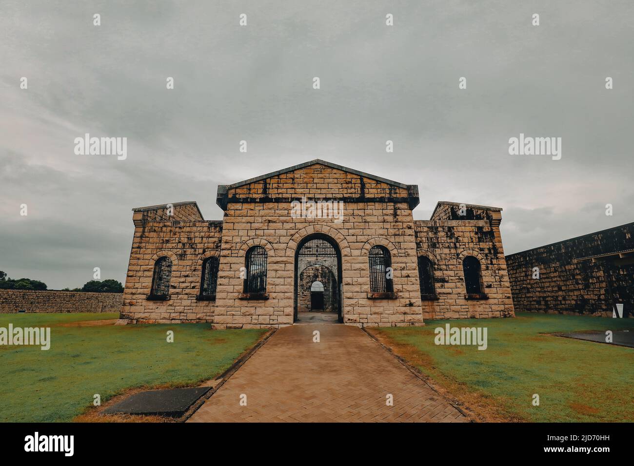 Inner court of Trial Bay gaol with facade of main block - modern day museum of australian history in Arakoon national park, NSW. Stock Photo