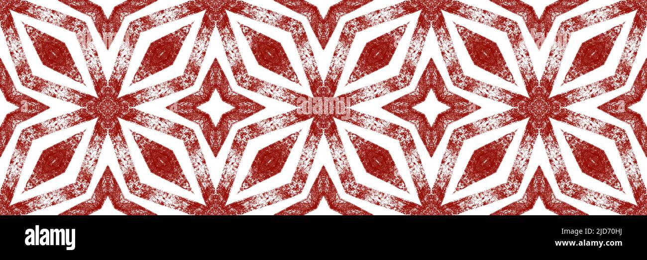 Ikat repeating seamless border. Wine red symmetrical kaleidoscope background. Summer ikat sweamwear pattern. outstanding decorative design element for Stock Photo