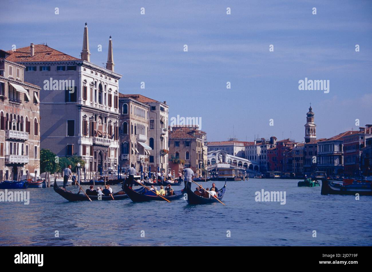 Looking towards the Rialto Bridge, Grand Canal, Venice, Italy (photo: circa 1999). Stock Photo