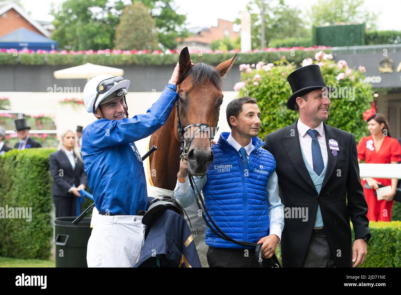 Ascot, Berkshire, UK. 18th June, 2022. Horse Naval Crown ridden by jockey James Doyle wearing Godolphin blue silks won the Platinum Jubilee Stakes million pound race today at Royal Ascot. This was another win for Godolphin and trainer Charlie Appleby. Credit: Maureen McLean/Alamy Live News Stock Photo