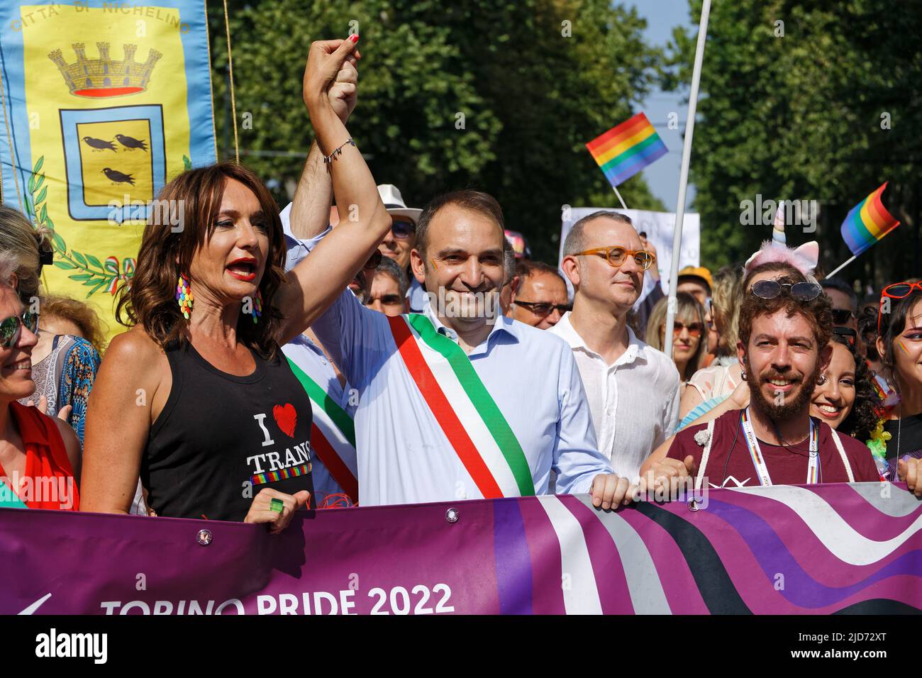Turin, Italy. 18th June, 2022. The personalities (from the left: activist Vladimir Luxuria, Major Stefano Lo Russo, Council member Jacopo Rosatelli, coordinator Marco Giusta)walk at the head of the Torino Pride 2022 parade. Credit: MLBARIONA/Alamy Live News Stock Photo