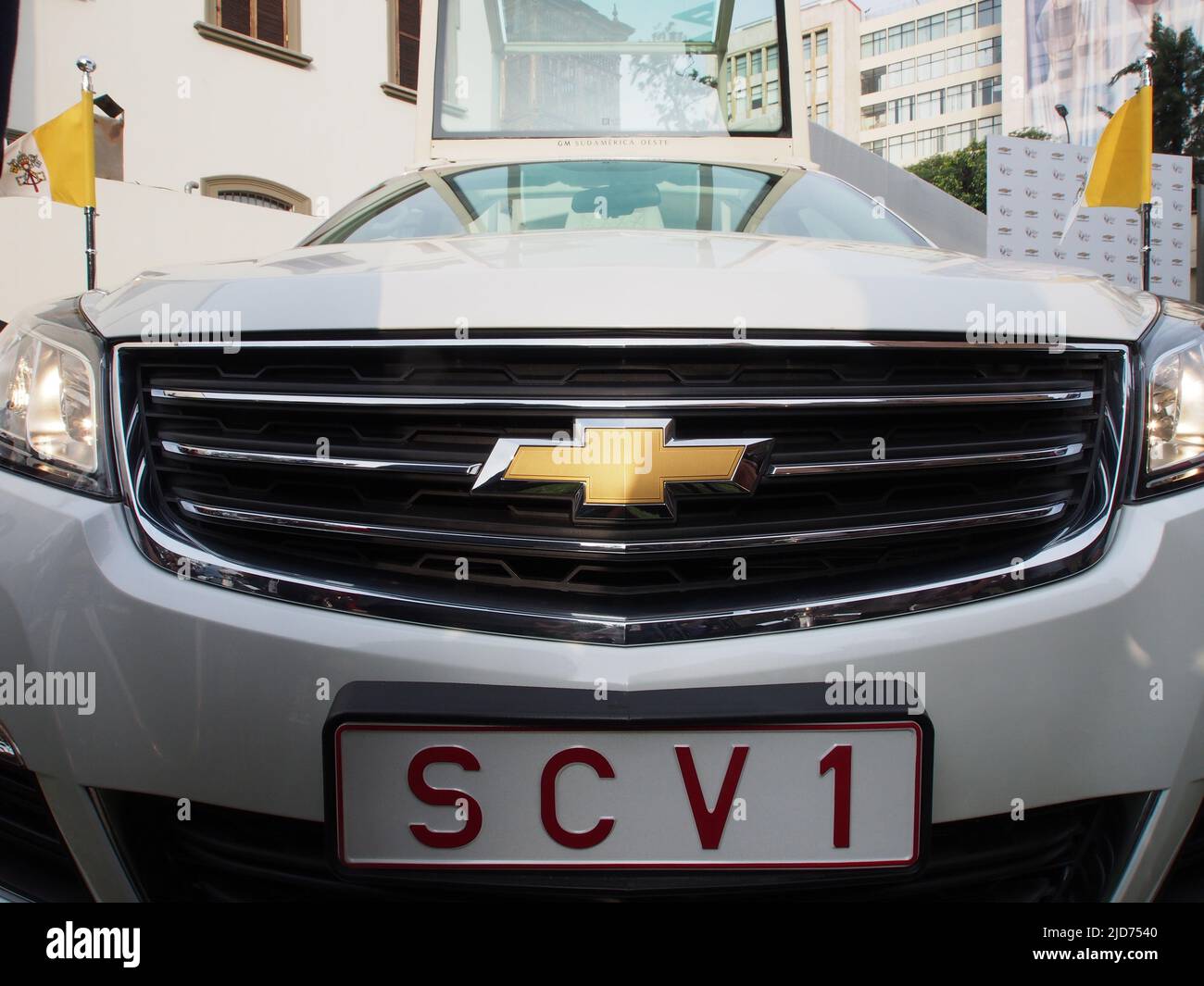 The Popemobile, a modified Chevrolet Traverse V6 3.6L 281HP, to be used in Peru during the next visit of Pope Francis I, is introduced to the press. Stock Photo