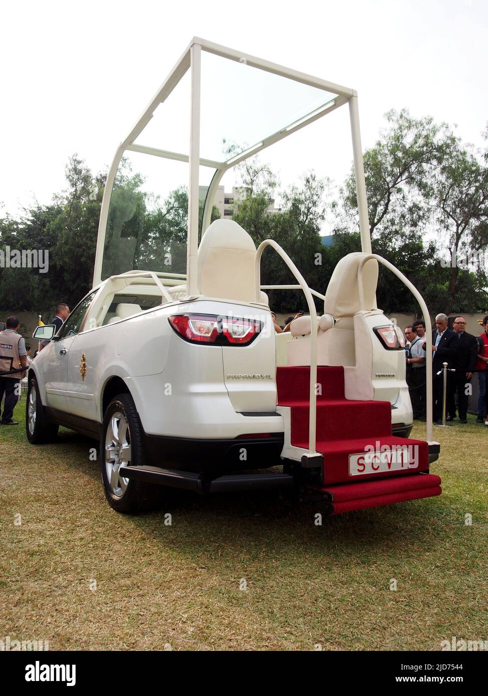 The Popemobile, a modified Chevrolet Traverse V6 3.6L 281HP, to be used in Peru during the next visit of Pope Francis I, is introduced to the press. Stock Photo