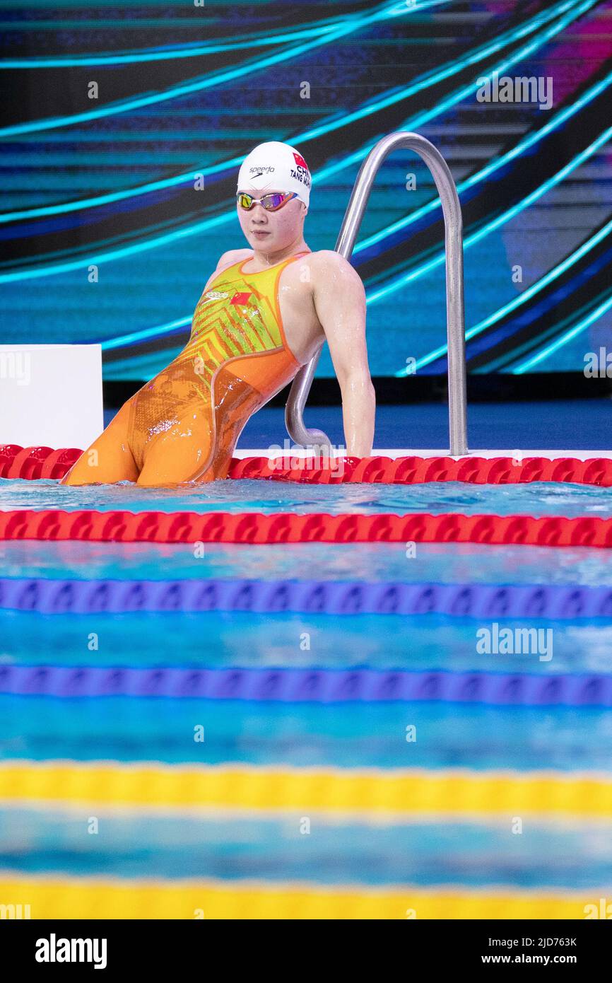 Budapest. 18th June, 2022. Tang Muhan of China reacts after the women's 400m freestyle final at the 19th FINA World Championships in Budapest, Hungary on June 18, 2022. Credit: Meng Dingbo/Xinhua/Alamy Live News Stock Photo