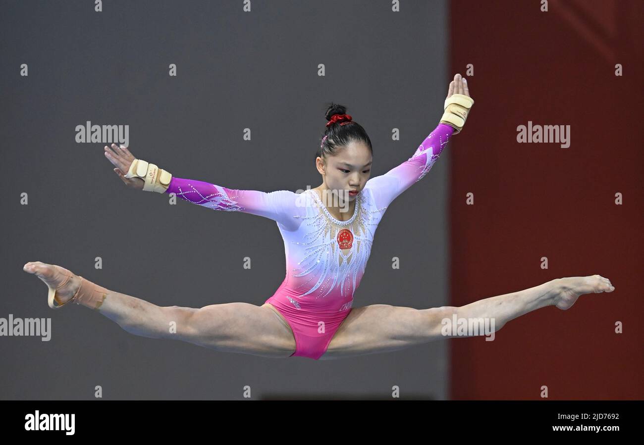 Doha. 18th June, 2022. Wu Ran of China competes during the balance beam ...